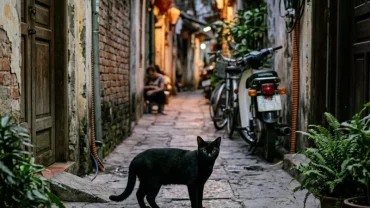 Con mèo đen tò mò đứng bên ngõ rạng sáng giúp bạn hiểu rõ sáng sớm gặp mèo đen là điềm gì theo phong thủy và khoa học