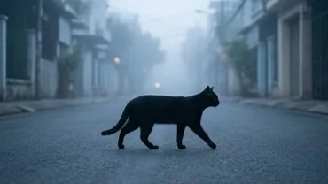 Một chú mèo đen dạo bước trên phố vào sáng sớm, giải đáp sáng sớm gặp mèo đen là điềm gì