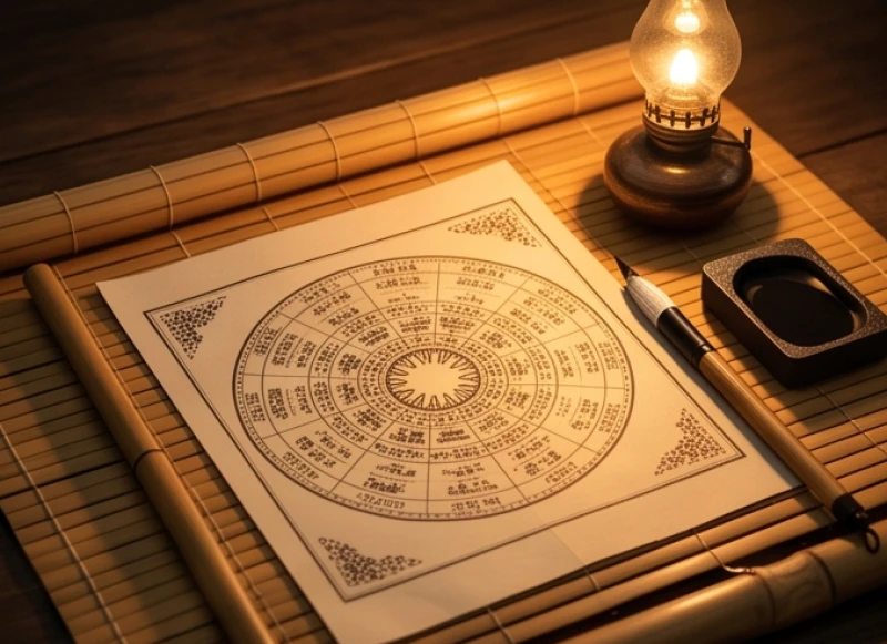 Tử vi tuổi Quý Mão 1963 năm 2027: Bài bản giải sao và 12 tháng 3 Cuốn sổ ghi chép phong thủy và lá số tử vi mở ra trên bàn gỗ, dùng để xem sao Thổ Tú và Vân Hớn