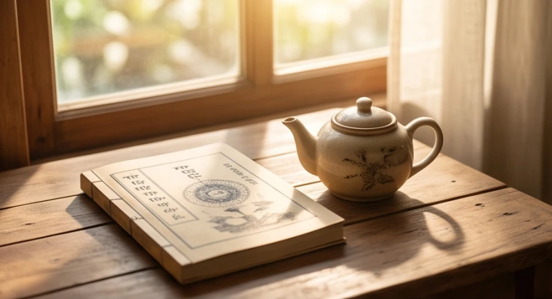 Tử vi tuổi Quý Mùi 1943 năm 2027: Giải sao và phòng bệnh tuổi 85 1 Cuốn sách tử vi và ấm trà bằng gốm sứ đặt cạnh cửa sổ đầy nắng dịu nhẹ
