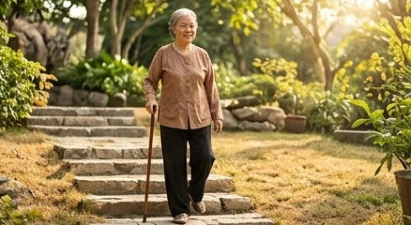Cụ bà bước đi chậm rãi cẩn thận trên bậc thềm đá trong khu vườn khô ráo ngập tràn ánh nắng
