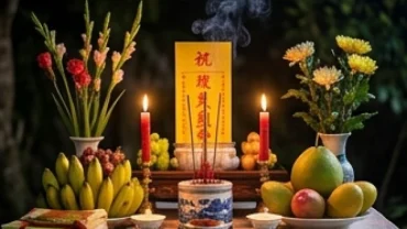Mâm cúng dâng sao giải hạn tuổi Dần năm 2026 được bày biện trang nghiêm với nến và bài vị