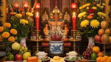 Mâm lễ cúng dâng sao hạn tuổi hợi năm 2026 được chuẩn bị trang nghiêm với ánh nến và hoa tươi