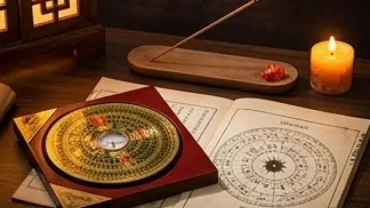 La bàn phong thủy và lá số tử vi sao hạn tuổi hợi năm 2027 đặt trên án thư gỗ truyền thống