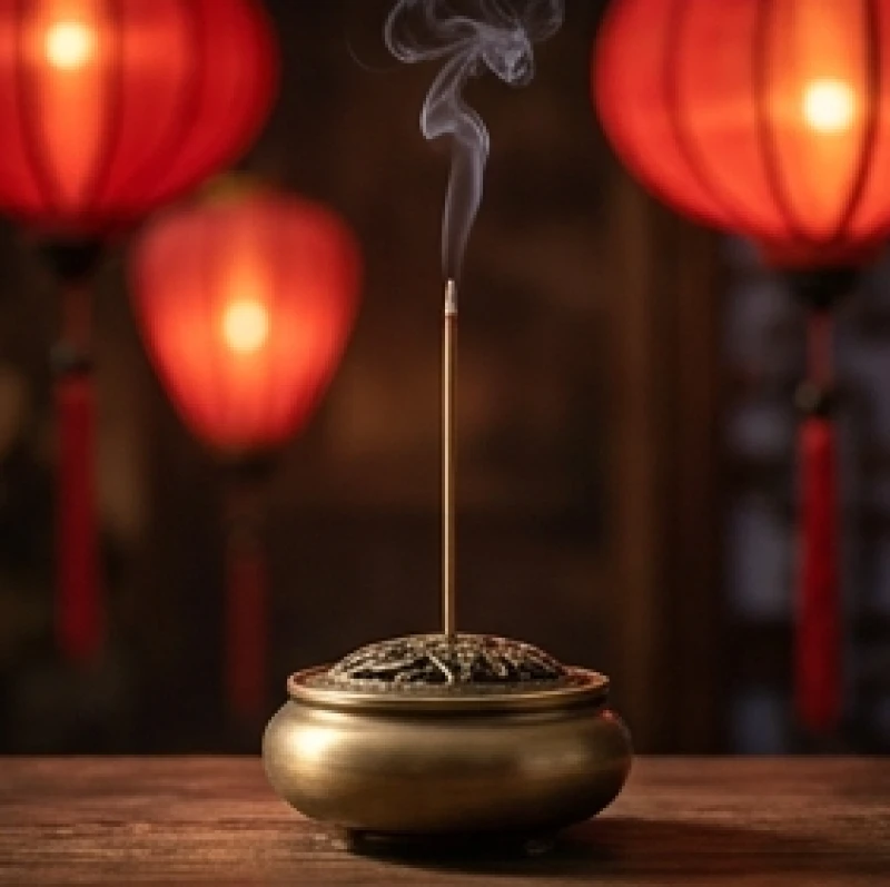 Đèn lồng đỏ và nhang trầm tĩnh lặng tượng trưng cho việc xem sao hạn tuổi Kỷ Tỵ