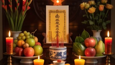 Mâm lễ cúng sao hạn tuổi Mùi năm 2027 với bài vị, hoa quả tươi và nến sáng trang nghiêm