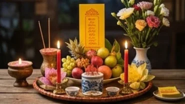 Mâm lễ cúng sao hạn tuổi ngọ năm 2027 với nến, hoa tươi và bài vị vàng trên bàn gỗ