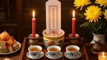 Mâm cúng dâng sao hạn tuổi thìn năm 2027 được chuẩn bị trang nghiêm với nến, hoa cúc và bài vị giấy