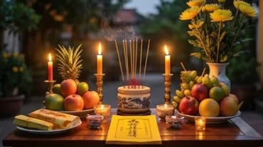 Mâm lễ cúng sao hạn tuổi Tuất năm 2026 với nến, hoa quả và bài vị được sắp xếp trang nghiêm