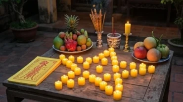 Mâm lễ cúng giải hạn sao Kế Đô chiếu mệnh với 21 ngọn nến vàng và bài vị