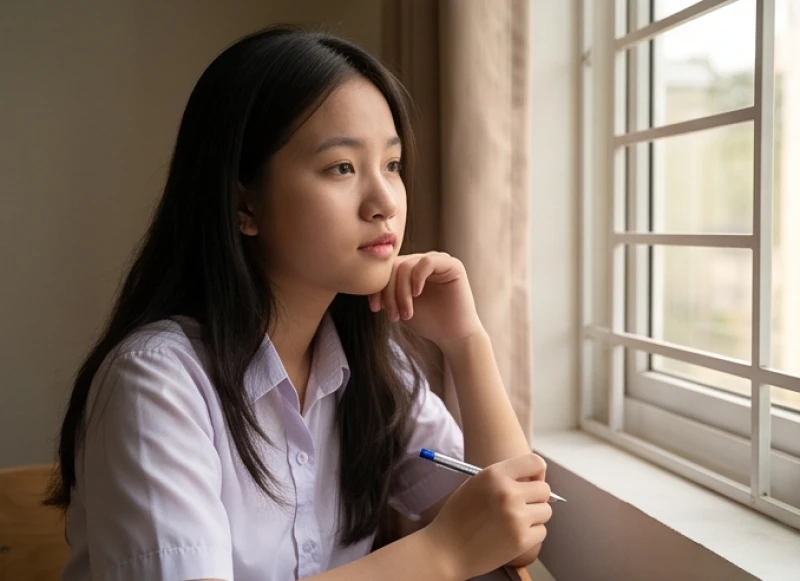 Nữ sinh tuổi Mậu Tý ngồi thẫn thờ bên cửa sổ với vẻ mặt suy tư và nhiều tâm sự