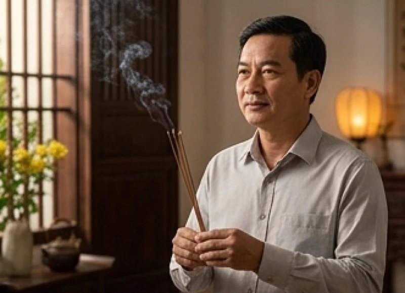 Người đàn ông thắp hương tĩnh tâm trước bàn thờ gia tiên để cầu bình an hóa giải sao La Hầu