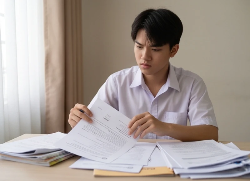 Nam sinh viên mệt mỏi với đống hồ sơ giấy tờ và bài tập trên bàn học