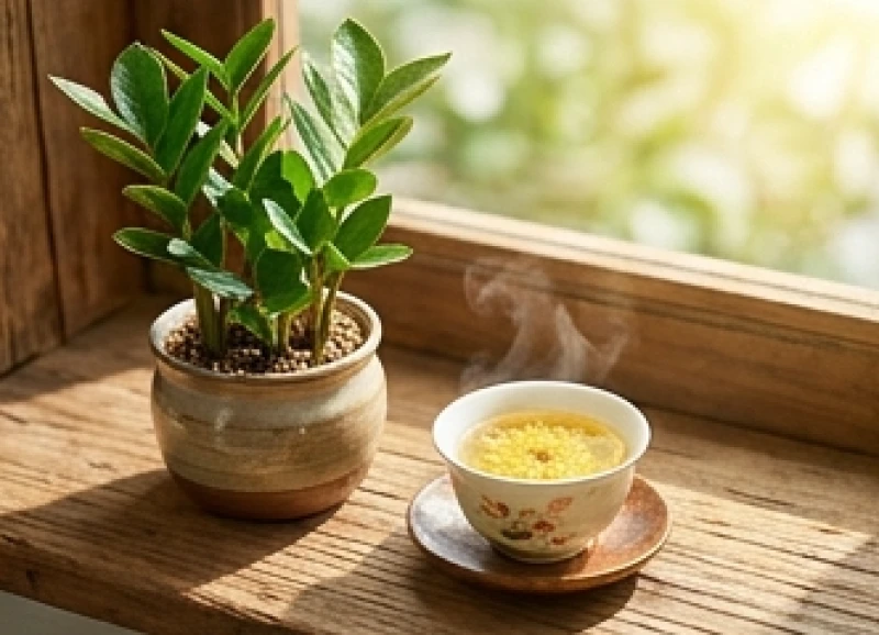 Chậu cây kim tiền nhỏ xanh mướt đặt bên cạnh một tách trà hoa cúc tỏa hương nhẹ nhàng