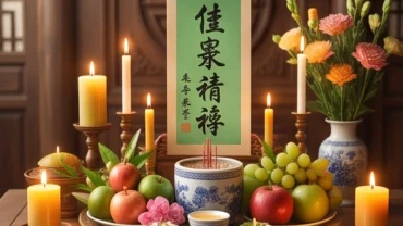 Mâm cúng dâng sao Mộc Đức chiếu mệnh với bài vị màu xanh lá, nến và hoa quả tươi