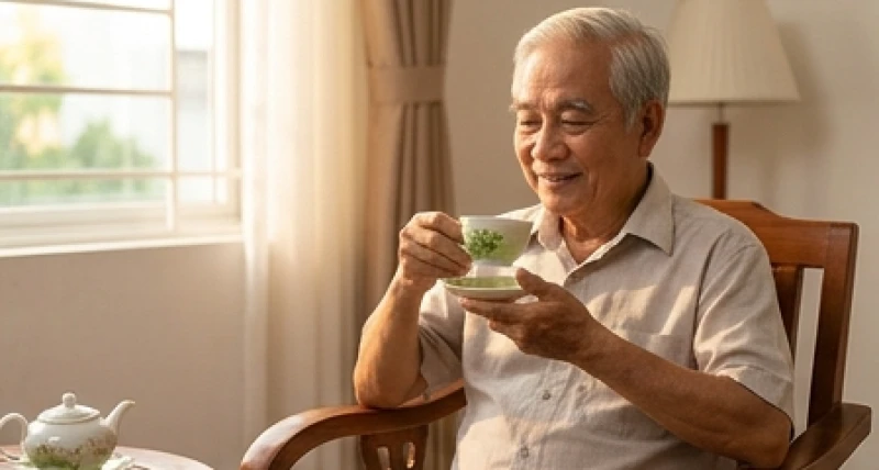 Cụ ông tuổi Bính Tuất 1946 đang thảnh thơi uống trà thể hiện sự bình an khi được sao Mộc Đức chiếu mệnh