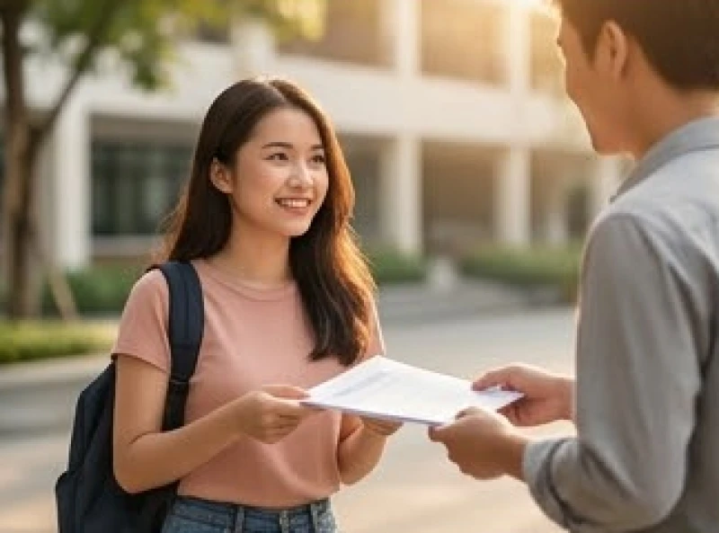 Nữ sinh viên vui vẻ nhận được tài liệu nghiên cứu mới cùng học bổng tại trường học