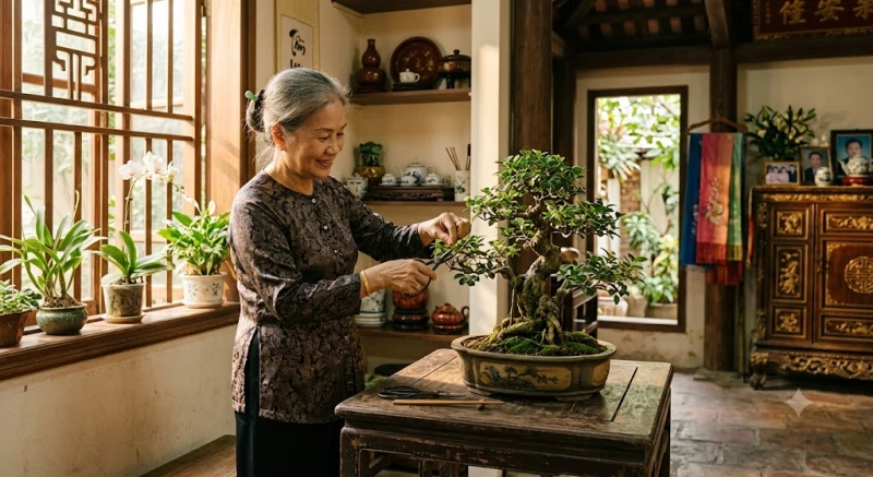 Nữ gia chủ tuổi Canh Tý bình an và thảnh thơi chăm sóc cây cảnh trong nhà