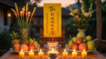 Mâm lễ cúng sao Thái Âm chiếu mệnh đặt ngoài trời với bài vị màu vàng và ánh nến lung linh