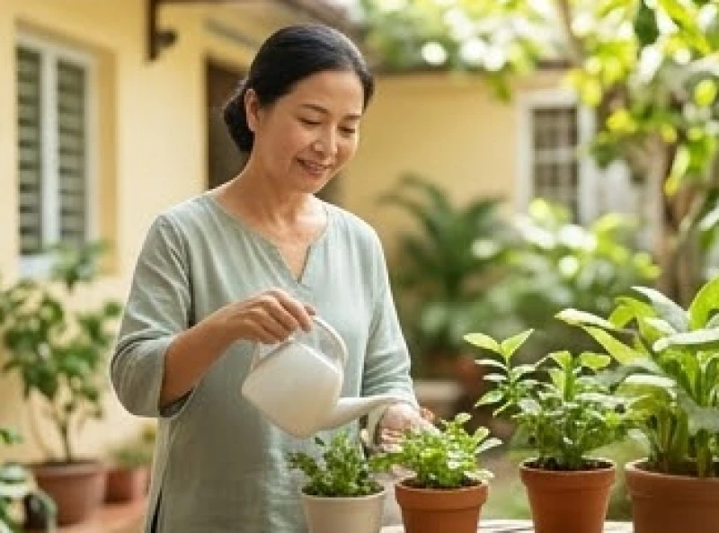 Người phụ nữ trung niên thư thái tưới nước cho khu vườn nhỏ đầy cây cối xanh tươi