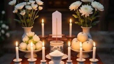 Mâm lễ cúng dâng khi sao thái bạch chiếu mệnh với lễ vật trắng cùng bài vị và tám ngọn nến phong thủy