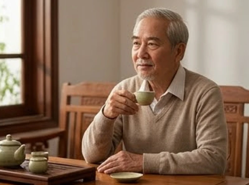 Lão ông tuổi Nhâm Thìn trầm tư bên bàn trà gỗ cân nhắc về vận hạn sao Thái Bạch