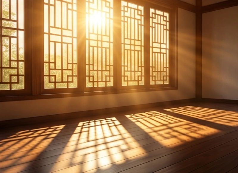 Ánh mặt trời buổi sáng rọi qua ô cửa sổ bằng gỗ mang đến nguồn năng lượng tươi mới