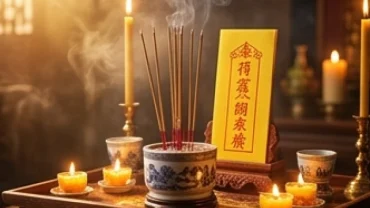 Mâm lễ cúng sao thái dương chiếu mệnh với ánh nến lung linh trên bàn thờ truyền thống