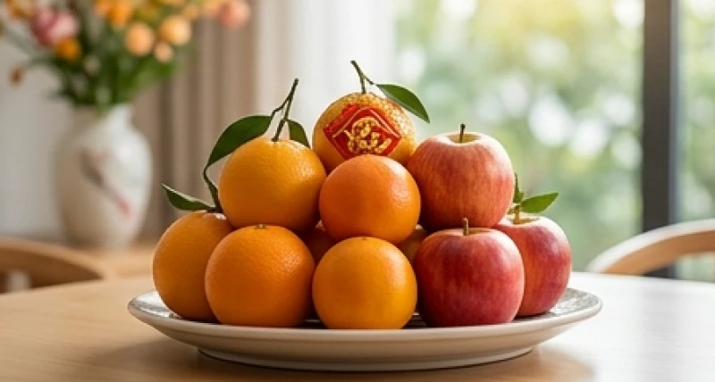 Mâm ngũ quả màu đỏ cam tươi sáng dùng để nghênh đón cát tinh Thái Dương chiếu mệnh