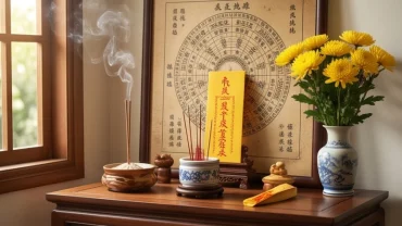 Bàn lễ phong thủy giải hạn sao Thổ Tú chiếu mệnh với giấy vàng và hoa cúc