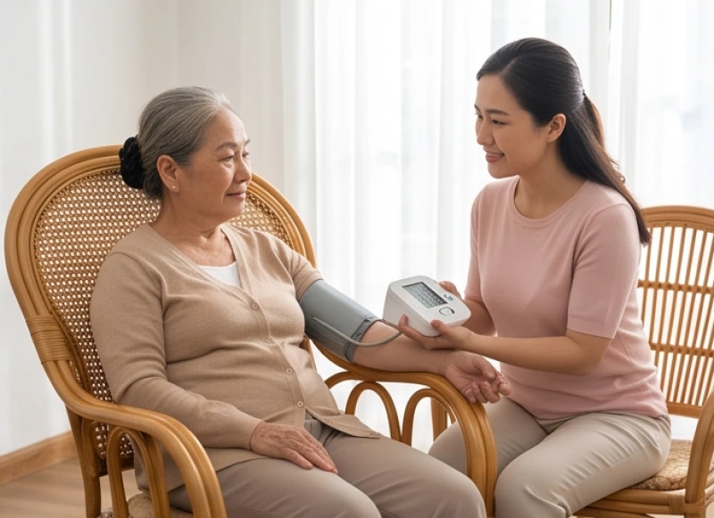 Cụ bà 86 tuổi kiểm tra huyết áp tại nhà để phòng ngừa rủi ro từ hạn Diêm Vương