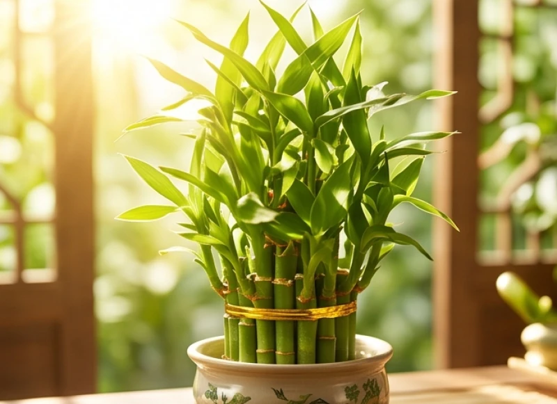 Một chậu cây kim tiền tươi tốt vươn mầm đón nắng, tượng trưng cho vượng khí của sao Mộc Đức và Thủy Diệu