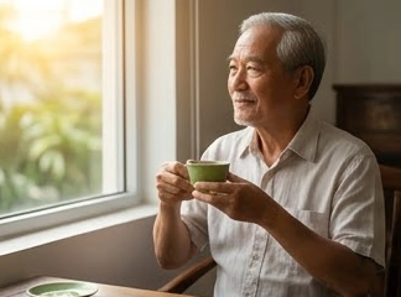 Sao Hạn Tuổi Thìn Năm 2026: Chi Tiết Mâm Cúng Và Văn Khấn 2 Người cao tuổi đang thư giãn uống trà, biểu thị sự an nhàn khi được sao Thủy Diệu chiếu mệnh