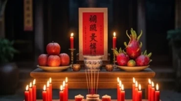 Nghi thức cúng sao vân hán chiếu mệnh với mâm lễ vật màu đỏ và 15 ngọn nến thắp sáng lung linh