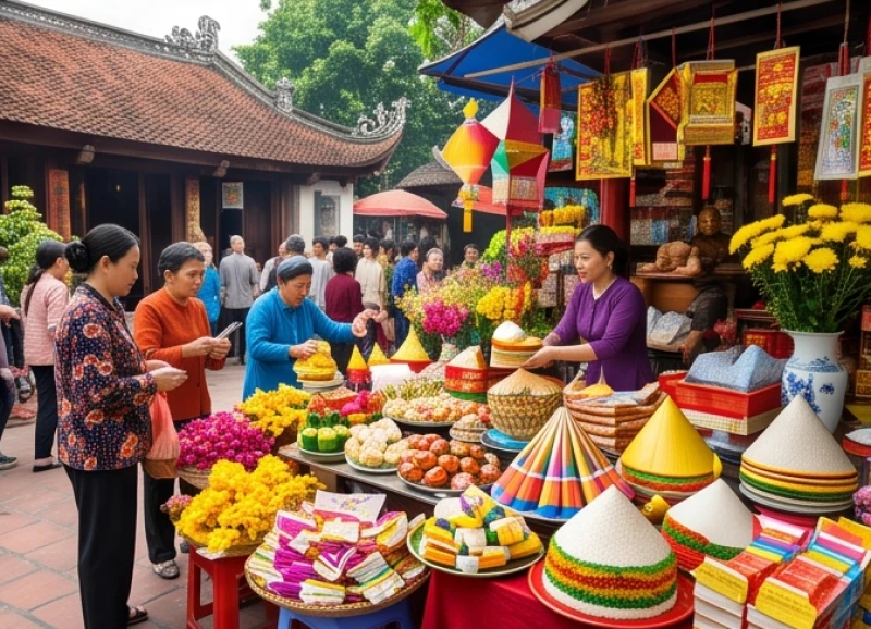 Văn khấn lễ hội Đền Bắc Lệ: Trọn bộ bài khấn và hướng dẫn đi hội 9 Du khách dừng chân tại một sạp hàng hóa rực rỡ sắc màu ngay trước cổng đền để chọn mua oản lọng và hương hoa