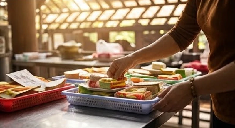 Khách hành hương đang cẩn thận tháo bỏ túi ni lông và bày biện đồ cúng lên khay nhựa tại nhà sửa lễ