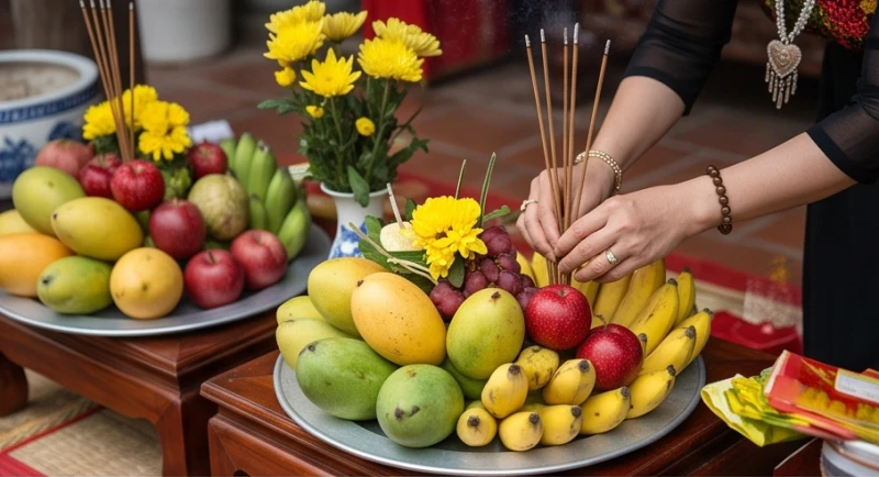 Văn khấn Chúa Thác Bờ: Bài khấn chuẩn và trình tự dâng lễ 1 Tín đồ cẩn thận sắp xếp các mâm trái cây và nhang đèn dâng lên các ban thờ tại đền Chúa Thác Bờ.