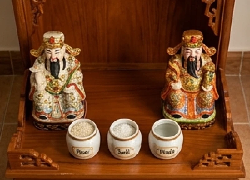 Văn khấn Thần Tài: Bài cúng chuẩn nghi thức cho từng dịp 8 Cách sắp xếp Ông Địa bên phải, Thần Tài bên trái và ba hũ gạo, muối, nước ở giữa