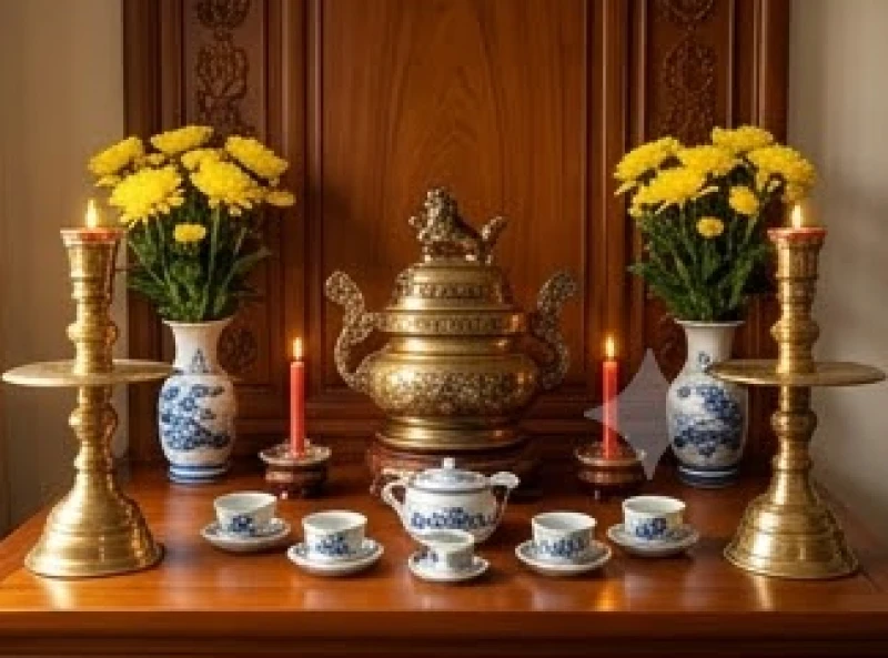 Hương án được sắp xếp tươm tất với đèn nến sáng rõ sau khi hoàn tất nghi thức sái tịnh