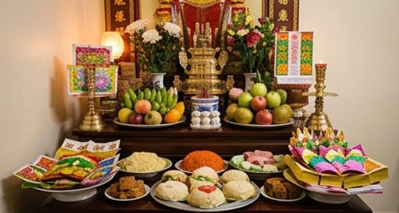 Các mâm cúng được sắp xếp gọn gàng và phân chia rõ ràng theo từng cung ban trên điện thờ