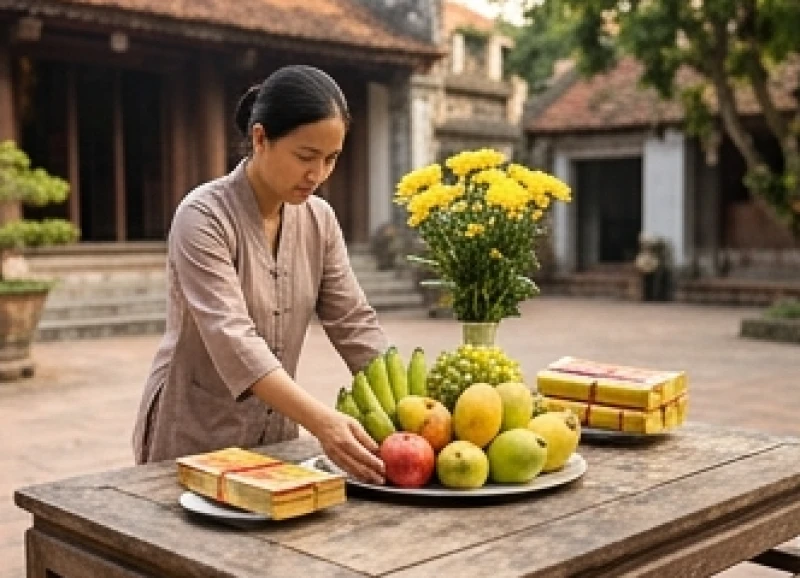 Văn khấn tại đền phủ: Trình tự dâng lễ & bài khấn chuẩn nghi lễ 1 Người đi lễ cẩn thận sắp xếp mâm cúng trái cây và tiền vàng trước khi vào dâng lễ đền phủ