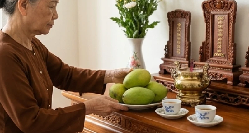 Văn khấn thần linh rằm tháng 7: bài cúng chuẩn tại nhà, cửa hàng 1 Gia chủ đang cẩn thận chuẩn bị và sắp xếp mâm cúng rằm tháng 7 ngay ngắn trên ban thờ gia tiên