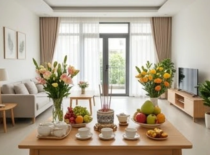Bàn lễ cúng đầy đủ vật phẩm được đặt trang trọng ngay trung tâm phòng khách hướng ra phía cửa chính