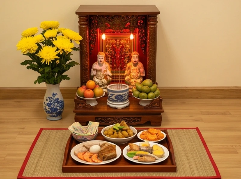 Bố trí một chiếc mâm phụ đặt đồ cúng mặn ngay phía trước không gian bàn thờ Thần Tài nhỏ hẹp