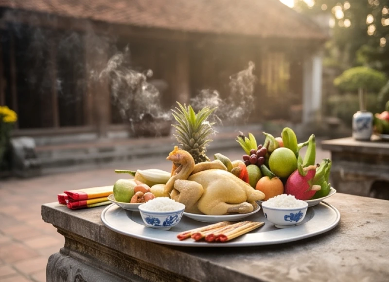 Văn khấn Miếu Bà Phi Yến: Bài cúng chuẩn và trình tự đi lễ 8 Mâm đồ cúng mặn được bày biện vô cùng trang trọng tại khu vực ban thờ phụ