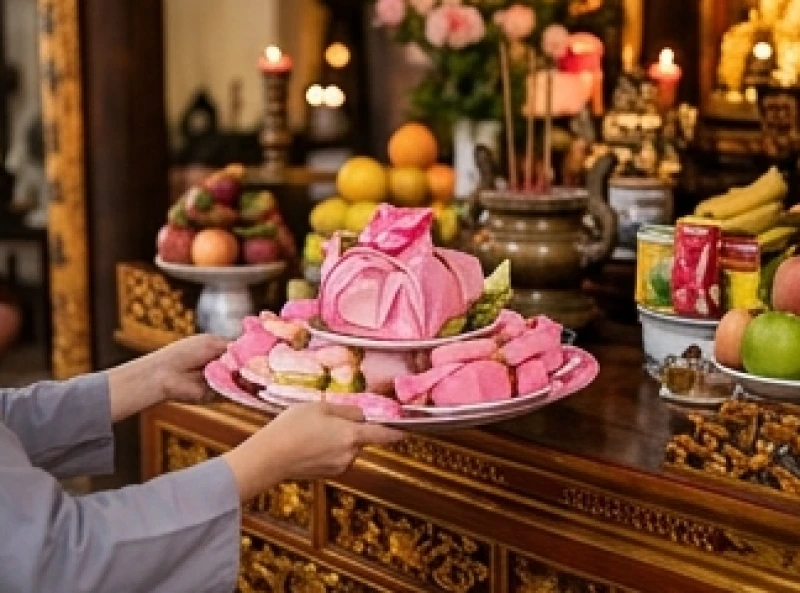 Văn khấn Đền Cô Chín Giếng: Bài cúng chuẩn và trình tự dâng lễ 8 Mâm lễ chay với chín đóa hoa hồng được đặt ngay ngắn và trang nghiêm trên ban thờ Cô Chín Giếng