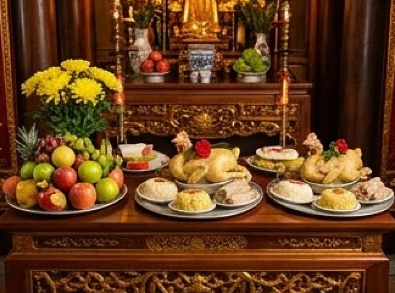 Các khay lễ vật chay mặn được phân loại rõ ràng và đặt ngay ngắn trước gian thờ linh thiêng
