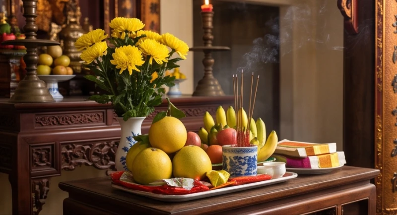 Văn khấn miếu Cô: Bài mẫu điền từ và bảng màu đồ mã chuẩn 1 Mâm lễ vật chay gồm hoa cúc vàng và ngũ quả tươi được sắp xếp gọn gàng trên khay dâng lên ban thờ miếu Cô