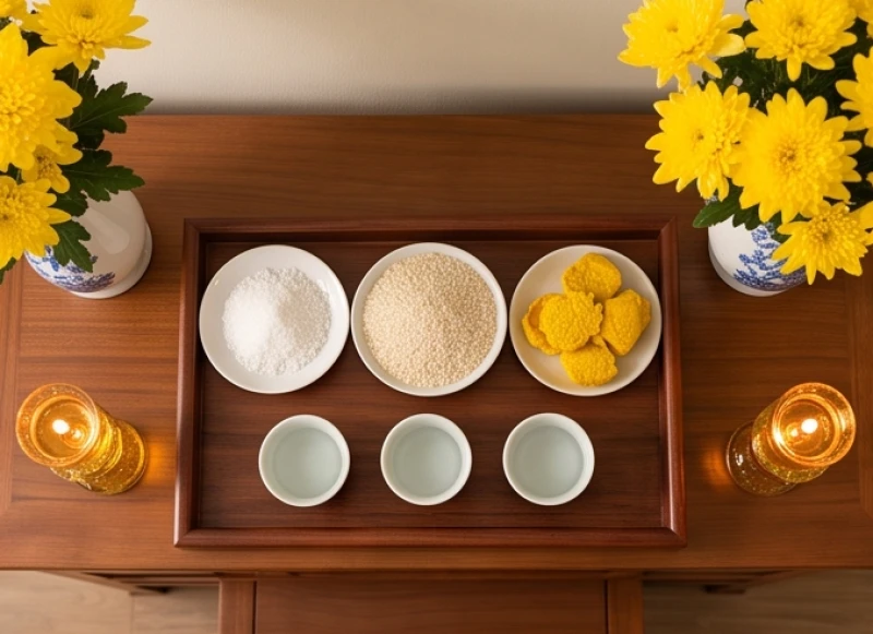 Văn khấn tạ bát hương 100 ngày: Sắm lễ và trình tự chuẩn 1 Mâm cúng tạ bát hương cơ bản gồm trái cây tươi, hoa cúc vàng, trà và nến thắp sáng