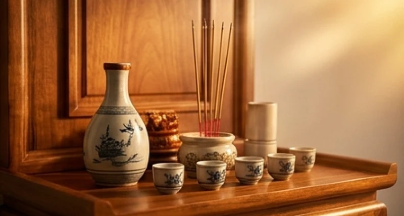 Nậm rượu bằng gốm sứ và kỷ chén được sắp đặt vững chãi trang nghiêm trên bàn thờ gia tiên